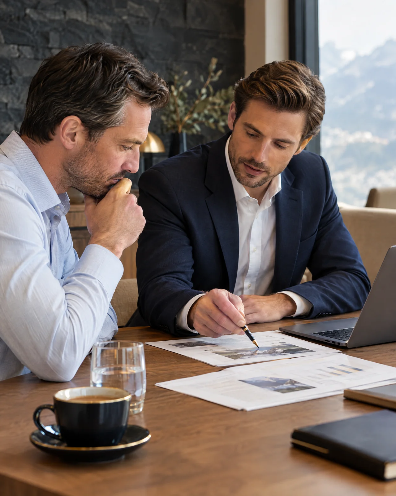 Unternehmer und Berater besprechen Unterlagen